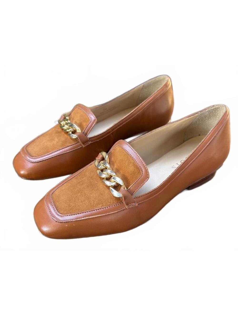 Talbots Women's Brown Leather Suede Slip-On Loafers with Gold Chain Size 5